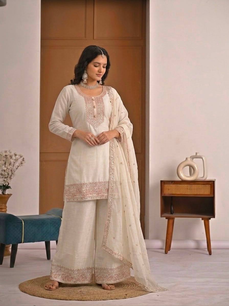 Pristine Ivory White Kurta and Palazzo Set Featuring Delicate Floral Embroidery, Sequined Borders, and a Matching Sheer Dupatta